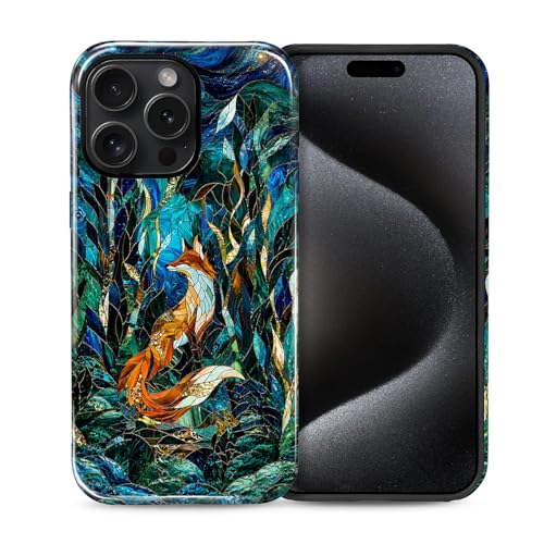 Case Compatible with iPhone 15 Pro Max, Cute Dual Layer Hybrid Phone Cover, Military Grade Drop Protection, Aesthetic Shockproof Phone Case for Women Girls, Woodland Fox Stained Glass - color: Woodland Fox Stained Glass, size: Iphone 15 Pro Max