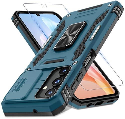 DEERLAMN Case for Samsung Galaxy A15 5G with Slide Camera Cover+Screen Protector (1 Pack), Rotated Ring Kickstand Military Grade Shockproof Protective Cover-Light Blue - color: Light Blue, size: A15 5G-6.5Inch