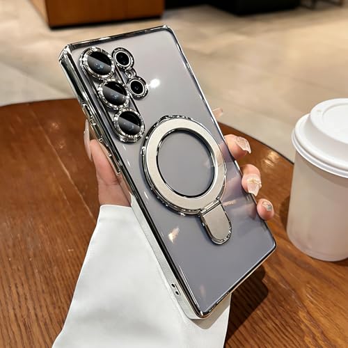 LXK Magnetic for Samsung Galaxy S26 Ultra Case with Stand Clear, Silver | [Fit for MagSafe] [Full Camera Protection] Titanium Alloy Sturdy Stand, 15FT Military Protection for Galaxy S26 Ultra Case - color: Silver