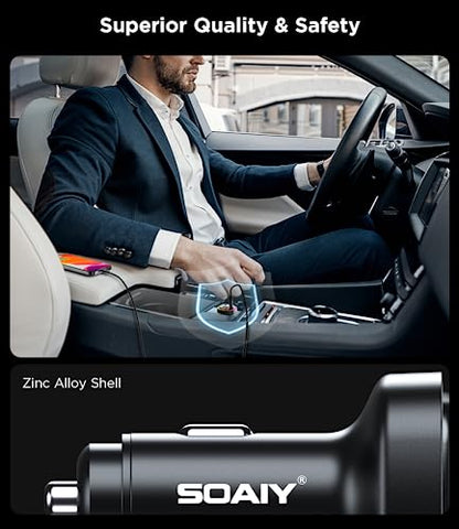 66W USB C Car Charger, [All Metal] 2PD + QC3.0 USB Car Cigarette Lighter USB Charger Adapter with RGB for Samsung Galaxy S23/22/21 iPhone iPad Pro Pixel Android Phones