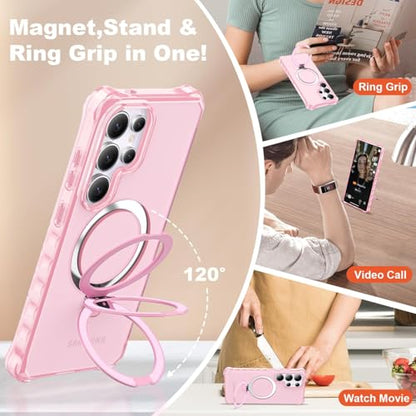 Compatible with Samsung Galaxy S24 Ultra Case 6.8'' Cute Wavy Frame with Magnetic Stand [Compatible with Mag-Safe] Military-Grade Translucent Phone Case for Women Girl, Pink - color: Pink, size: Samsung Galaxy S24 Ultra