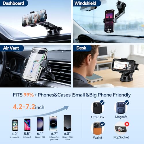 for iPhone MagSafe Phone Holders for Your car 2-Pack Adjustable Suction Cup Phone Mount for All iPhone & Android Smartphone,4 Setups - Dashboard/Vent/Windshield/Desk, Fits All Cars