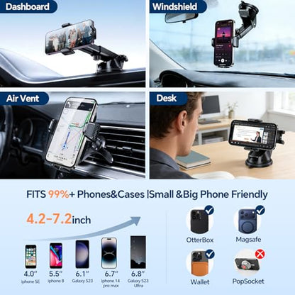 for iPhone MagSafe Phone Holders for Your car 2-Pack Adjustable Suction Cup Phone Mount for All iPhone & Android Smartphone,4 Setups - Dashboard/Vent/Windshield/Desk, Fits All Cars