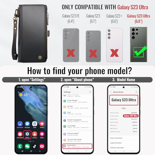 Defencase for Samsung Galaxy S23 Ultra Wallet Case with Card Holder, Black | Durable PU Leather, with RFID Blocking Zipper Pocket, Wrist Strap, S23 Ultra Flip Phone Cases Cover with Stand for Women Men - color: Fashion Black
