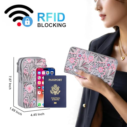 RFID Blocking Cellphone Wallet for Women with Wrist Strap, Double Zipper Travel Clutch Purse Large Capacity, Fissidens Flower - color: Pink Fissidens Flower