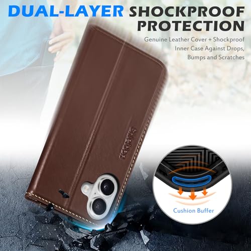 SHIELDON Genuine Leather Flip Wallet Case for iPhone 16 6.1", Retro Coffee | RFID Blocking, Credit Card Holder, Magnetic Closure, Kickstand, Folio Design, Soft Shock-Absorbent Phone Cover - color: Retro Coffee