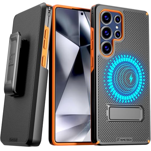 Designed for Samsung Galaxy S25 Ultra Case with Belt Clip Holster | Rugged Cover with Strong Magnet & Kickstand Heavy Duty Combo - Black & Orange - color: Black & Orange