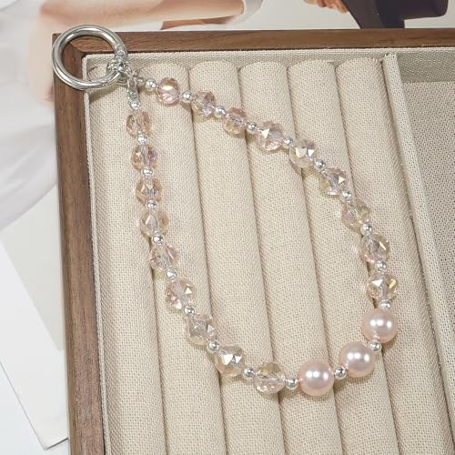 Sparkle Crystal Pearl Phone Wrist Strap for Women, Sparkling Beaded Cellphone Lanyard Chain - color: Pink