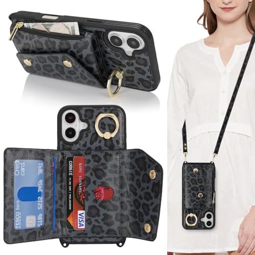 Lipvina Crossbody Wallet Case for iPhone 16 Plus,Black Leopard - color: 04-Black Leopard, size: iPhone 16 Plus 6.7"