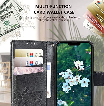 for iPhone 13 Pro Case Wallet for Women,Black | Flip Folio Butterfly Embossed PU Leather Kickstand Credit Card Holder Slots Magnetic Wrist Strap Phone Cover - color: Black