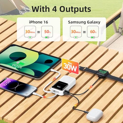 Portable Charger Power Bank Fast Charging,10,000mAh Battery Pack with Built in USB C & Lightning Cable,PD 30W Output for iPhone 17/16/15 Series,LED Display,4 Outputs for Samsung,Android etc