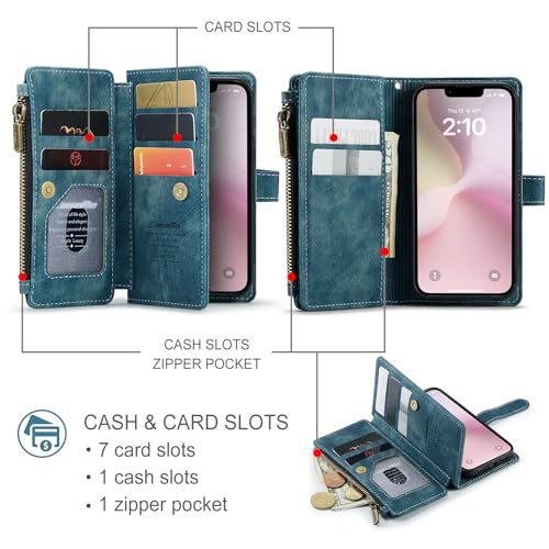 Compatible with iPhone 16e/17e Wallet Case,with Card Holder Kickstand Magnetic Zipper Pocket Lanyard Strap Wristlet,Leather Flip Case Wallet for iPhone 16e/17e 6.1 Inch(Blue) - color: Blue, size: iPhone 16E/17E 6.1 Inch