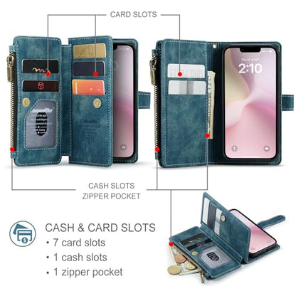 Compatible with iPhone 16e/17e Wallet Case,with Card Holder Kickstand Magnetic Zipper Pocket Lanyard Strap Wristlet,Leather Flip Case Wallet for iPhone 16e/17e 6.1 Inch(Blue) - color: Blue, size: iPhone 16E/17E 6.1 Inch
