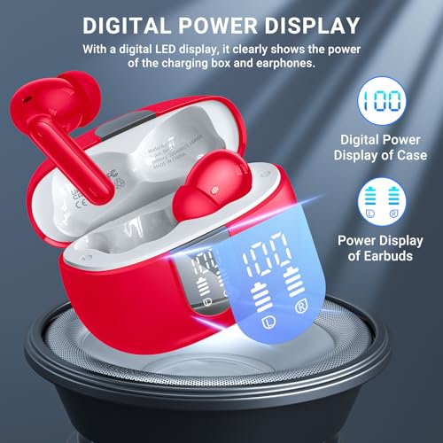 Wireless Earbuds, 2024 Wireless Headphones HiFi Stereo Earphones with 4 ENC Noise Canceling Mic, 42Hs Playtime In Ear Earbud, Bluetooth 5.3 Sport Earphones with LED Power Display for Android iOS Red - color: Red