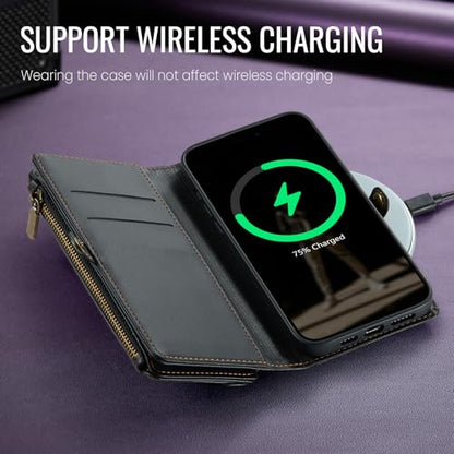 Defencase for iPhone 13 Wallet Case with RFID Blocking Card Holder, Black | Durable Soft PU Leather, with Zipper Pocket, Wrist Strap, Fashion Snap Flip Phone Cases Cover with Stand for Women and Men - color: Black