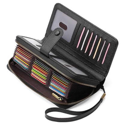 GAEKEAO Leather Credit Card Holder Wallet for Women RFID Blocking Large Capacity Bifold Zipper Card Case Organizer with Wristlet 45 Slots - color: Black03