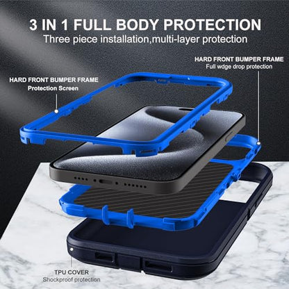 YKHJKLEC for iPhone 15 Pro Case, Military Grade 3 in 1 Heavy Duty Shockproof/Drop Proof/Dust Proof Case with 2Pcs Tempered Glass Screen Protector (Navy Blue) - color: Navy Blue
