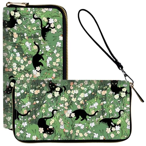 Ladies Wallet,Clutch Purses for Women Wallets Leather Credit Card Holder for Women Wristlet Slim Small Cute with Zipper,Thin RFID Blocking with Wrist Strap,Cat Flower Green - color: Cat Flower Green