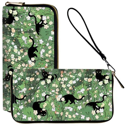 Ladies Wallet,Clutch Purses for Women Wallets Leather Credit Card Holder for Women Wristlet Slim Small Cute with Zipper,Thin RFID Blocking with Wrist Strap,Cat Flower Green - color: Cat Flower Green