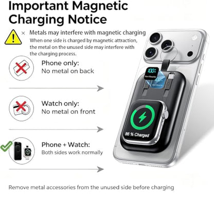 Magnetic Portable Charger 10000mAh Wireless Power Bank with Built-in Cables - color: Black