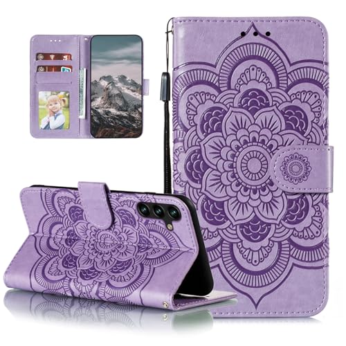 EYZUTAK Case for Samsung Galaxy A15 4G/5G, Premium Leather Magnetic Closure Flip Wallet Phone Case with Card Holder Cash Slot Stand Function Embossed Mandala Flower Shockproof Lanyard Cover - Purple - color: Purple, size: Samsung Galaxy A15 4G/5G