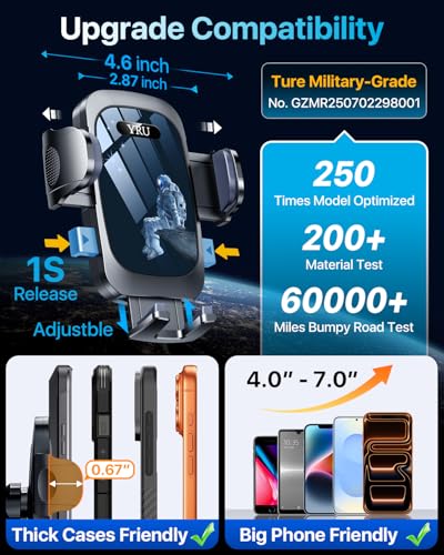 YRU【True Military-Grade Safety & Patent Certs】360°Rotation Car Phone Holder【100+LBS Strong Suction & Clip】Windshield Dash Vent Cell Phone Mount Cradle for iPhone17 16 Pro Max Truck Samsung, Black Blue - color: Black Blue