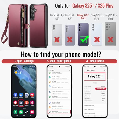 Defencase for Galaxy S25 Plus Case Wallet Compatible with Magsafe, Wine Red | Magnetic Detachable, RFID Bolcking Card Holder, Zipper Strap, PU Leather Drop-Proof Phone Cover for Samsung Galaxy S25+/Plus - color: (Detachable with Magsafe)-Wine Red