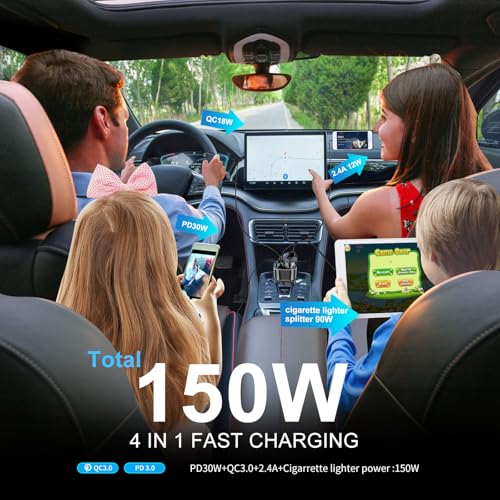 USB C Car Charger, 90W Cigarette Lighter Adapter Dual USB Fast Charging PD QC 3.0, 12V/24V Car Charger Socket Splitter with LED Voltmeter for Smart Phone GPS Dash Cam