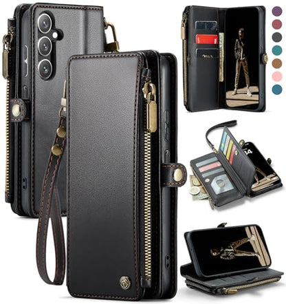 Defencase for Samsung Galaxy A15 5G Wallet Case with Card Holder, Black | Durable Soft PU Leather, with RFID Blocking Zipper Pocket & Wrist Strap, Flip Phone Cases Cover with Stand for Women and Men - color: Black