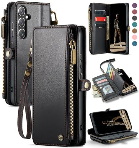 Defencase for Samsung Galaxy A16 5G Wallet Case with Card Holder, Black | RFID Blocking, Zipper Pocket, Durable PU Leather, Wrist Strap, Fashion Snap Flip Phone Cases Cover with Stand for Women Men - color: Black