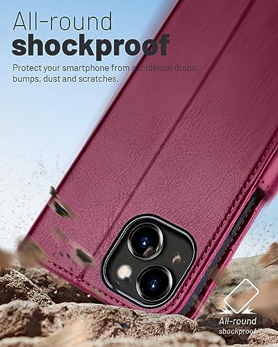 OCASE Compatible with iPhone 15 Wallet Case, PU Leather Flip Folio Case with Card Holders RFID Blocking Kickstand [Shockproof TPU Inner Shell] Phone Cover 6.1 Inch 2023, Burgundy - color: Burgundy