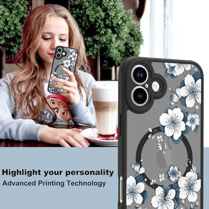 Magnetic for iPhone 16 Case,White Flower | [Compatible with MagSafe] Cute Fashion Translucent Matte Hard Back Shockproof Anti-Scratch Phone Case,Ink Flower - color: Ink Flower, size: iPhone 16