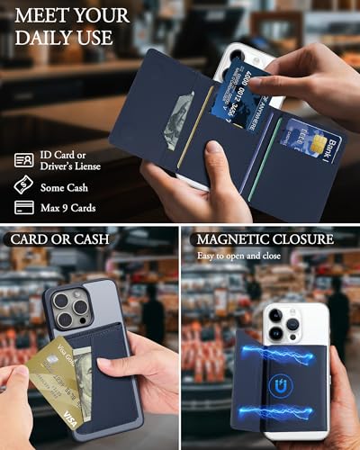 For MagSafe Wallet, 9 Cards Holder Strongest Magnetic Wallet RFID Blocking - color: Navy Blue Trifold MagSafe Wallet