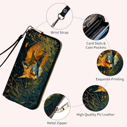 Ladies Wallet,Clutch Purses for Women Wallets Leather Credit Card Holder for Women Wristlet Slim Small Cute with Zipper,Thin RFID Blocking with Wrist Strap,Grass Fox - color: Grass Fox
