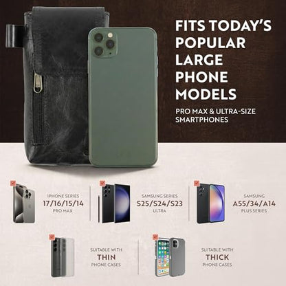 Moonster Leather Phone Holster – Genuine Full-Grain Leather for iPhone 17/16/15/14 Pro Max & Plus, Galaxy S25/S24 Ultra – Belt Clip Style for Men with Magnetic Closure, Fits Thick Cases – 7” x 3.5” - color: Black