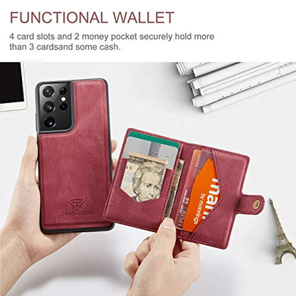Simicoo Compatible with Samsung S22 Ultra Detachable Magnetic Wallet case Credit Card Holder Money Clip Front Pocket Stand Leather Men Women Wallet Double Shockproof (Red) - color: Red