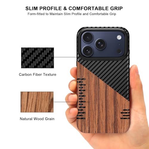 TENDLIN Compatible with iPhone 17 Pro Max Case Wood Grain with Carbon Fiber Texture Design Leather Hybrid Slim Case (Twill) - color: Twill, size: iPhone 17 Pro Max