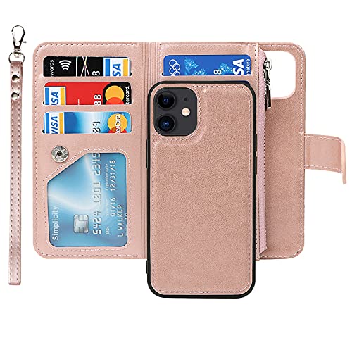 iCoverCase for iPhone 12 Mini Wallet Case with Card Holder and Wrist Strap, PU Leather Kickstand Card Slots Zipper Pocket Magnetic [Detachable] Flip Cover Case 5.4 Inch (Rose Gold) - color: Rose Gold