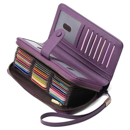 GAEKEAO Leather Credit Card Holder Wallet for Women RFID Blocking Large Capacity Bifold Zipper Card Case Organizer with Wristlet 45 Slots - color: Purple
