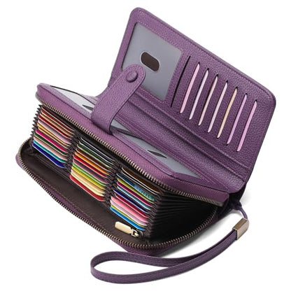 GAEKEAO Leather Credit Card Holder Wallet for Women RFID Blocking Large Capacity Bifold Zipper Card Case Organizer with Wristlet 45 Slots - color: Purple