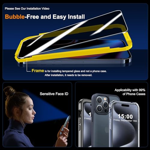 QHOHQ 3 Pack Privacy Screen Protector for iPhone 15 Pro Max [6.7 Inch] with 3 Pack Camera Lens Protector, Anti Spy Tempered Glass Film, 9H Hardness, HD, Bubble Free, Case Friendly - Black - size: iPhone 15 Pro Max 6.7 Inch