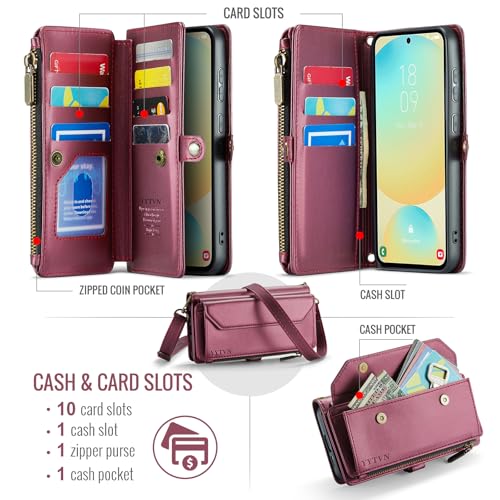 for Samsung Galaxy S24 FE Wallet Case with Card Holder, Red | RFID Blocking Slots, Crossbody Lanyard, Wrist Strap, Zipper Pocket Purse Handbag, Magnetic Closure - color: Red, size: Galxay S24 FE