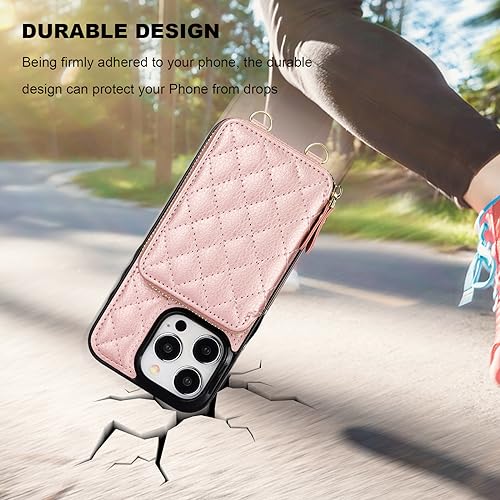 Bocasal Crossbody Wallet Case Card Holder for iPhone 15 Pro, Rose Gold | RFID Blocking PU Leather Zipper Handbag Purse, Kickstand Flip Folio Case with Card Slots Holder Wrist Strap Lanyard 6.1 Inch - color: Rose Gold