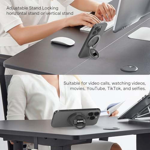 GUAN for MagSafe Phone Grip Magnetic Kickstand Compatible with Mag Safe Finger Loop Ultra Thin Finger Ring Holder, 3-in-1 Compatible for iPhone17/16/15/14/13/12 (Replacement Strap)-Black - color: Black