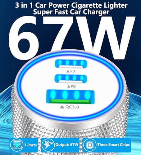 2Pack 67W USB C Car Charger, Rombica 3-Port Car Phone Charger Fast Charging - color: Bright Silver