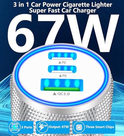 2Pack 67W USB C Car Charger, Rombica 3-Port Car Phone Charger Fast Charging - color: Bright Silver