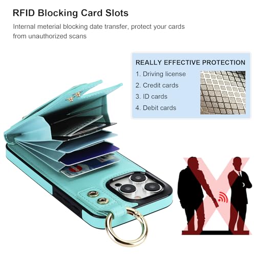 Folosu for iPhone 15 Pro Max Wallet Case with Card Holder, Hand Wrist Strap Loop Holder Kickstand, RFID Blocking Finger Grip Ring PU Leather Double Buttons Shockproof Cover 6.7" Green - color: Mint Green
