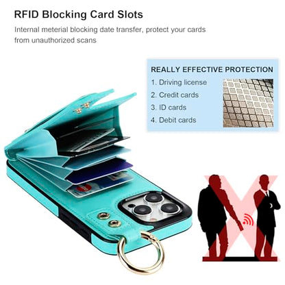 Folosu for iPhone 15 Pro Max Wallet Case with Card Holder, Hand Wrist Strap Loop Holder Kickstand, RFID Blocking Finger Grip Ring PU Leather Double Buttons Shockproof Cover 6.7" Green - color: Mint Green