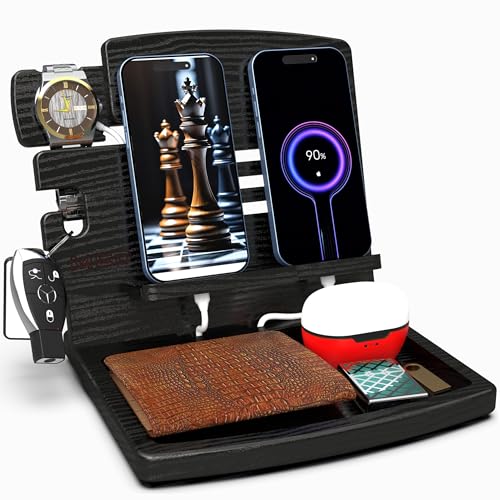 MED Wood Phone Docking Station Nightstand Desk Organizer for Phone, Watch, Wallet & Tablet Gift for Men, Husband, Father's Day, Dad & Women Model 1 (Black) - color: Black