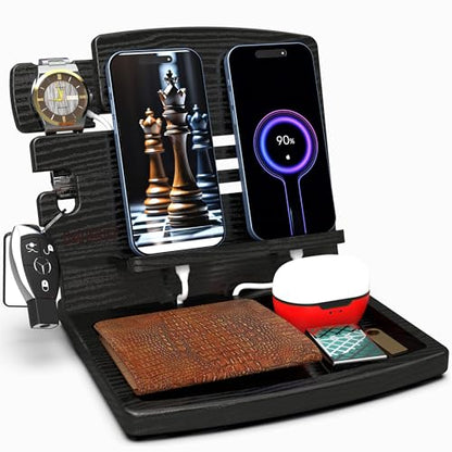 MED Wood Phone Docking Station Nightstand Desk Organizer for Phone, Watch, Wallet & Tablet Gift for Men, Husband, Father's Day, Dad & Women Model 1 (Black) - color: Black
